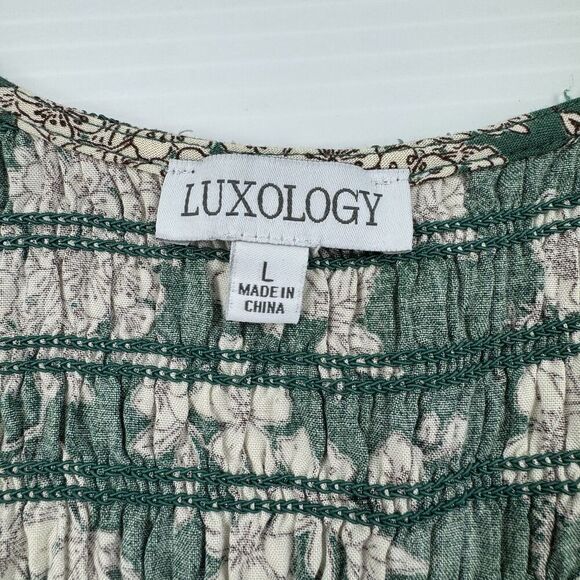 Luxology Green Floral Boho Midi Dress Large Smocked Top Tie Belt - Picture 4 of 9